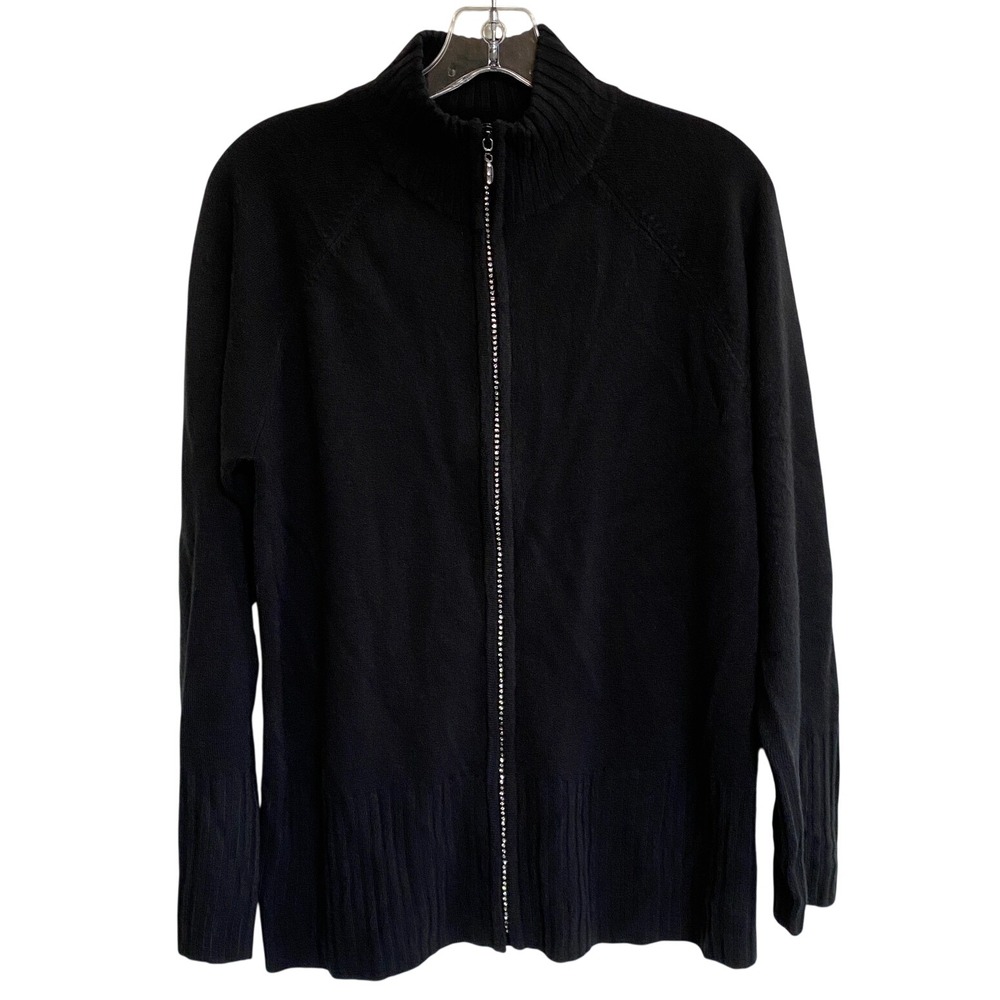 Quaker Factory‎ Black Rhinestone Zip Up Mock Neck Sweater Jacket Women's Size S